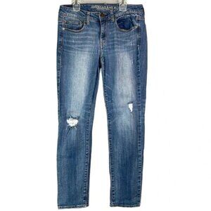 American Eagle Retro Low Rise Skinny Stretch Jeans Blue Medium Wash Distressed 8